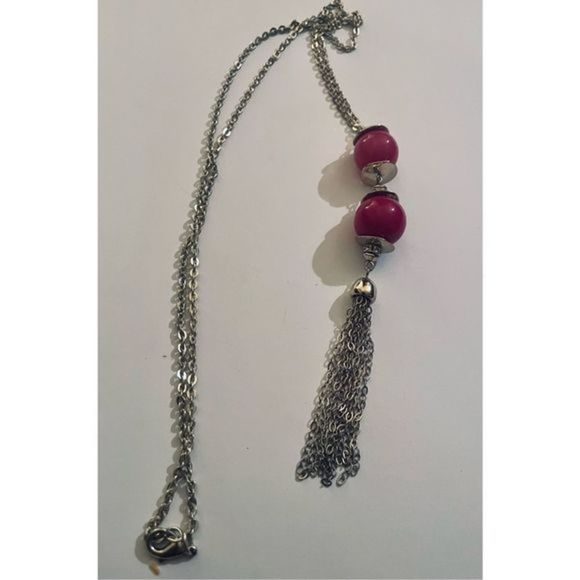 DOUBLE RED BEAD DROP BOHO SILVER TASSEL NECKLACE - Picture 3 of 5